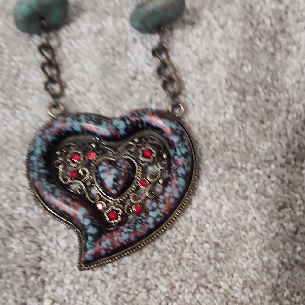 Heart Pendant Necklace with Turquoise and Pink Accents - Picture 3 of 5